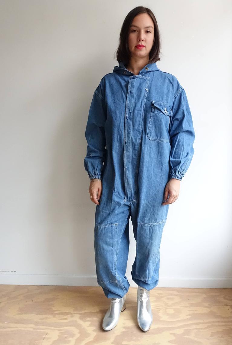 1960 Hand repaired Cotton blend French overalls destroyed XS / denim blend coveralls workwear / made in USA store sun faded washed out Small