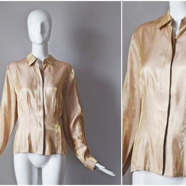 vtg 90s Silk Cotton Club gold metallic blouse | y2k 1990s button down shirt | size large | womens L top 