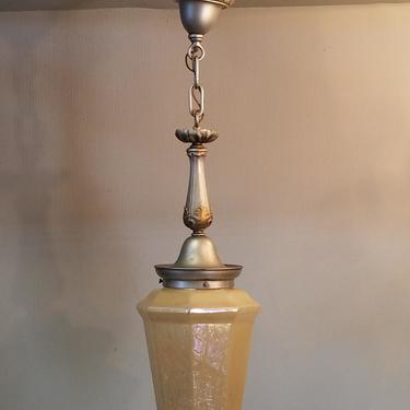 Vintage Brass Pendant Light with Rough Rolled Vaseline Glass Shade