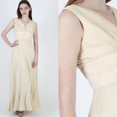 Cream Prairie Wedding Dress / Vintage 70s Sheer Floral Lace Bridal Dress / Simple Ivory Bridesmaids Boho Lawn Tea Maxi Dress 
