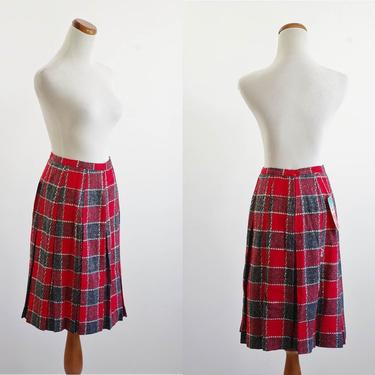 Vintage Plaid Skirt, 50s 60s Skirt, Red and Gray Plaid, Pleated Wool Skirt, Deadstock Darlenette Teen-Mate, Small 