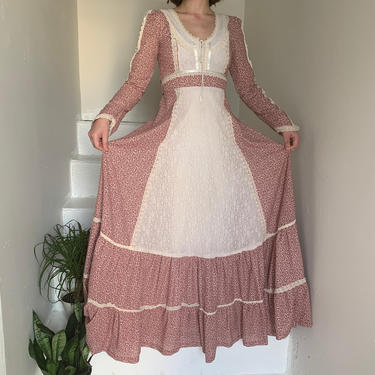 Amazing 1970s Calico GUNNE SAX With Lace Panel Sleeves Mint 32 Bust Vintage 