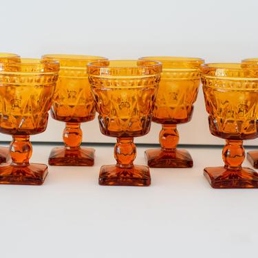 Vintage Set of 7 Amber Stemmed Wine Glasses. Indiana Glass Colony Park Small Wine Glasses. Vintage Wine Glasses. 