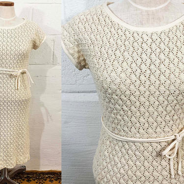 Vintage Julie Miller Dress Crochet Lace Wedding Sundress Sun Dress Summer 70s 1970s Beige Cream White Short Sleeves Medium Small 