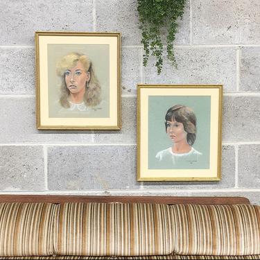 Vintage Portrait Drawings 1980s Retro Size 16x14 Colored Pencil + Woman and Girl + Set of 2 + Gold Wood Frames + Art + Home and Wall Decor 