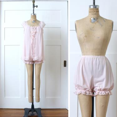 vintage 1960s pink nylon babydoll nighty with matched bottoms • bow &amp; lace trimmed sheer light pink nightgown 