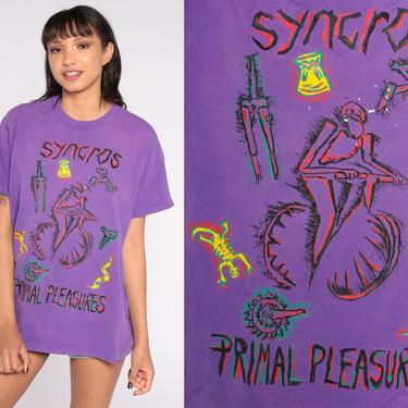 Vintage Bicycle T Shirt 90s Syncros Primal Pleasures Bike Shirt Cyclist Retro TShirt Graphic Tee Purple Single Stitch Medium 