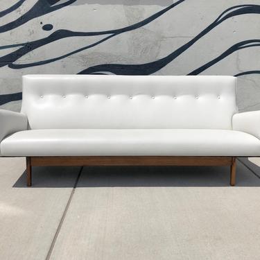 Leather Sofa by Jens Risom Mid Century Modern Model U150 with Walnut Bracket Back Base 