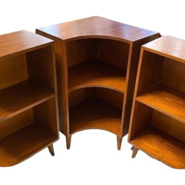 Free and Insured Shipping Within US - Rare Made in Finland Corner Walnut Three Piece Modular Bookcase or Table or Record Cabinet Stand 