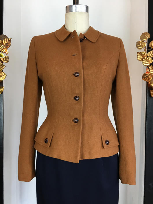 1950s jacket, caramel blazer, vintage 50s jacket, brown jacket, size medium, handmacher, fitted peplum jacket, film noir, 36 by melsvanity from Black Label Vintage of Tacoma, WA | ATTIC