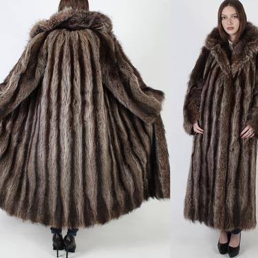 Vintage 80s Raccoon Fur Coat Natural Striped Plush Shawl Collar Long Oversize Jacket 