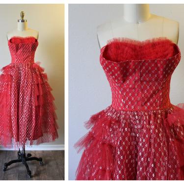 Vintage 50s Prom Dress / 1950s Strapless Tulle Cupcake Prom Event Dress Red Gold  // US 0 2 4 xs s 