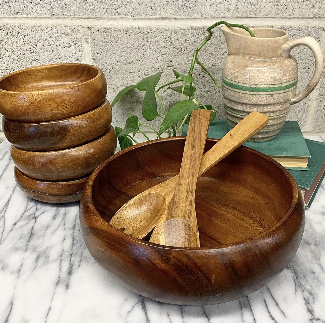 Vintage Salad Bowl Set Retro 1980s Wood + Lightweight + 5 Piece Set