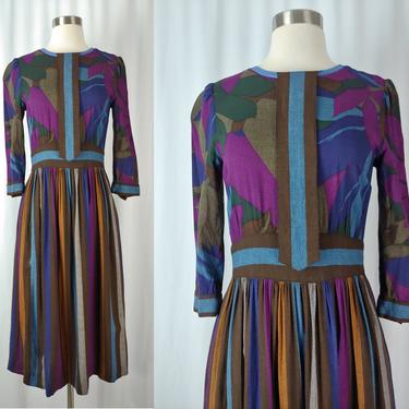 Vintage 70s California Girl by Petrina Aberle Dress - Seventies Jewel Tone 3/4 Sleeve Fit and Flare Dress - XS Floral and Stripe Dress 