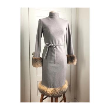 1960s Gray Wool with Fur Trim Turtle Neck Sheath Dress by Mr. Blackwell- size small 