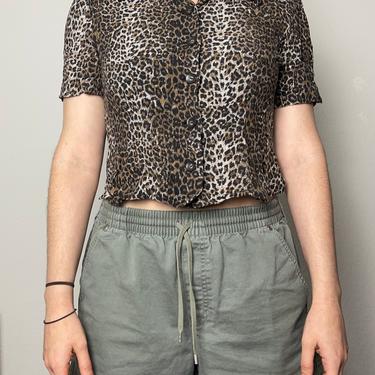 Vintage 90s cheetah print button down open back keyhole cut out rayon short sleeve leopard 