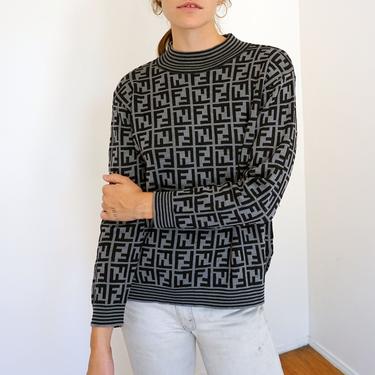 Vintage Fendi Zucca 1990s Knit Gray + Black Striped Neck Sweater FF 90s Monogram Logo 90s S M L 