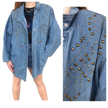 Vintage VTG 1980s 80s Light Wash Denim Studded Batwing Duster Jacket 