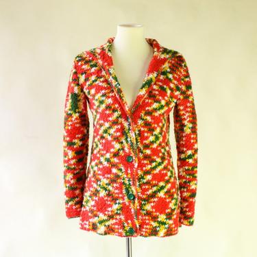 Handmade Rainbow Knit Cardigan / Vintage Hooded OOAK Unique One of a Kind Sweater Jacket Coat / Mod Gogo Hippie 60s 70s Orange Yellow Green 