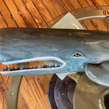 48" Blue Gray Chestnut Sperm Whale, Shark Teeth, Wood Carving