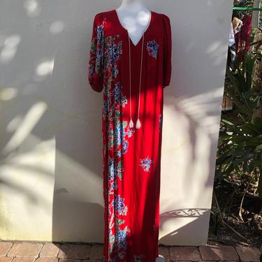 Virtual Garage Sale Dress / Cheap Vintage Clothing / 70's 80's Hawaiian Maxi Dress with Puffed Sleeves 