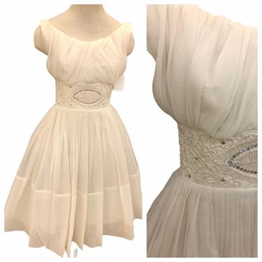 Vintage VTG 1950s 50s White Jeweled Party Dress 