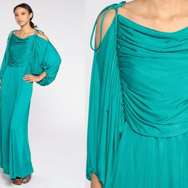 Grecian Party Dress 70s Maxi Dress Green Off Shoulder BALLOON SLEEVE Dress 1970s Boho High Waist Long Drape Gown Formal Medium Large 