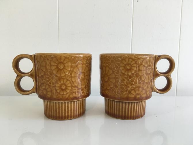 Vintage 1970's Retro Oriental Pedestal Brown Block Geometric Tea Cup popular Sugar Set