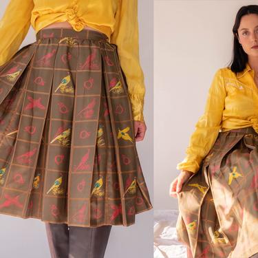 Vintage 70s GUCCI Olive Green Silk Pleated Skirt w/ Double G Logo Bird and French Horn Print | Made in Italy | 100% Silk | 1970s GUCCI Skirt 
