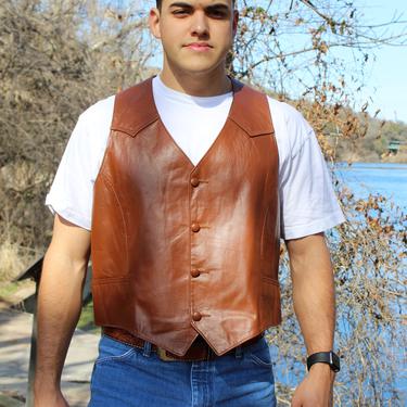 Vintage 1980s Pioneer Wear Brown Leather Vest, Urban Cowboy, Hipster, XL Men 