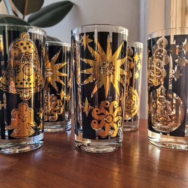 5 Mid-Century Starburst Black and Gold Christmas Cocktail Glasses 