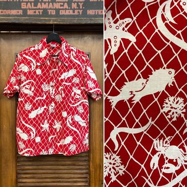 Vintage 1940’s “Catalina” Label Atomic Net Fish Cotton Hawaiian Shirt, 40’s Hawaiian Shirt, 40’s Shirt, Vintage Shirt, Vintage Clothing 