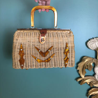 1950s straw bag, vintage 50s purse, amber swirled lucite, 1950s purse, mrs maisel style, 50s handbag, rattan purse, rockabilly, summer, vlv 