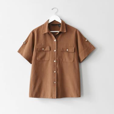vintage 90s cotton button down shirt, brown blouse, size M 