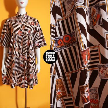 WOW So Cool Vintage 60s 70s Brown Stripe Postage Stamp Travel Novelty Print Cover-Up House Dress 