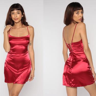 Red Party Dress Y2K Club Dress 00s Mini Dress Party Clubwear Night Out Bodycon Lace Up Satin Spaghetti Strap Sleeveless Going Out Small xs s 