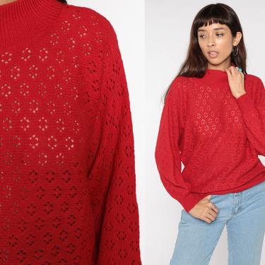 Sheer Red Sweater Dolman Sleeve Crochet 80s Knit Mock Neck Pullover Sweater Top 1980s Cutout Top Bohemian Vintage Open Weave Medium 