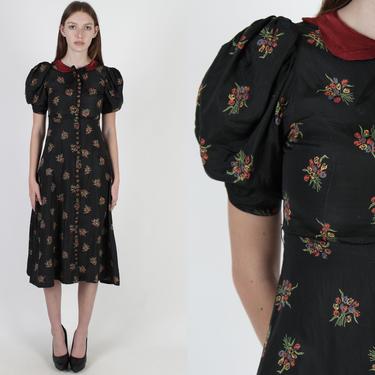 40s Black Floral Bouquet Dress, Tiny Roll Scallop Satin Collar, Vintage 1940s Bow Tie Midi Mini Dress 
