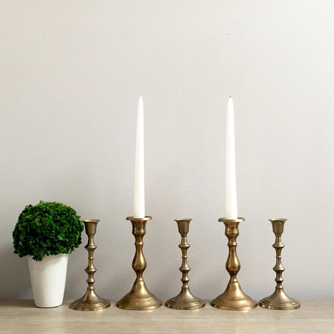 Brass Candlestick Set Of 5 Rustic Patinated Candle Holders Collection Wedding Mod Rendition 3683