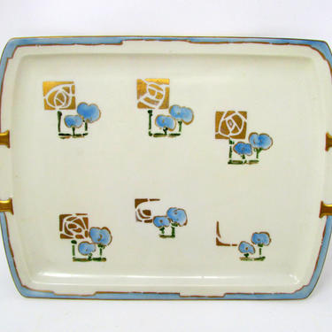 Vintage Austrian Dresser Tray M and Z Austria Mark Stylized Blue Flowers Gold Trim Perfume Tray Vanity Boudoir Art Deco 