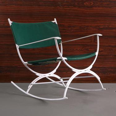 Gorgeous Mid Century Modern Rocking Lounge Chair in Green Canvas and White Metal 