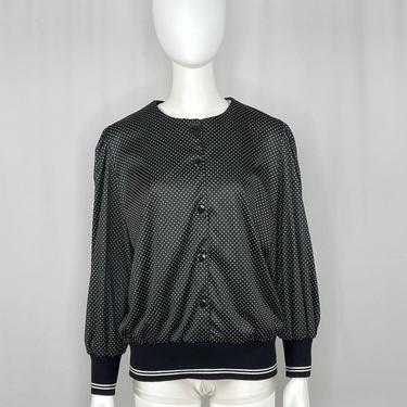 Vintage 1970s Grand Avenue Black and White Polka Dot Long Sleeve Blouse Plus Size 