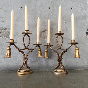 Vintage Pair of Gilded Rope &amp; Tassel Candelabras Made in Italy
