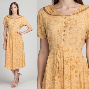 90s Yellow Floral Sailor Collar Dress - Large | Vintage Olivia Rose Boho Midi Pocket Dress 