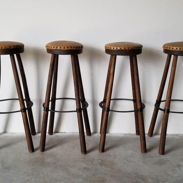 Mid-Century Handmade Wood and Leather Seats Bar Stools - Set of 4 