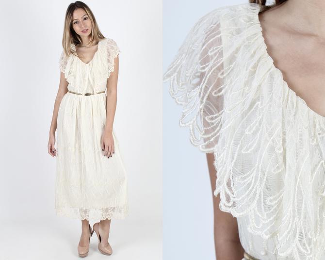 Lace Wedding Dress 80s Dress Embroidered Ivory Bridesmaids Dress
