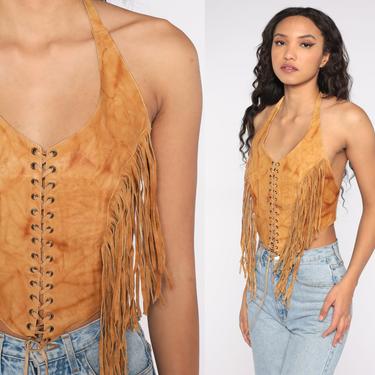 Leather Fringe Halter Top 90s Lace Up Corset Boho Blouse 1990s Hippie Tank Top Cowgirl Bohemian Halter Brown Western Vintage Festival Medium 