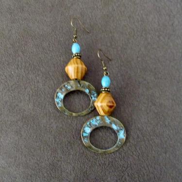 Large patinated hammered bronze earrings, bohemian boho patina earrings, ethnic statement earrings, bold teal earrings, ethnic earrings 