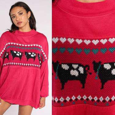 Cow Sweatshirt Bright Pink Farm Animal Sweatshirt 80s Graphic Print Jumper Slouchy 90s Sweater Vintage Kawaii Sweatshirt 2xl xxl Plus Size 