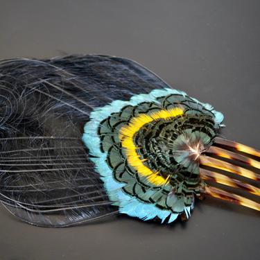 ART DECO Tall Peacock Feather &amp;. Plume Aigrette Hair Comb, Antique Comb, Vintage Comb, Feather Hair Decoration, Jack McConnell 
